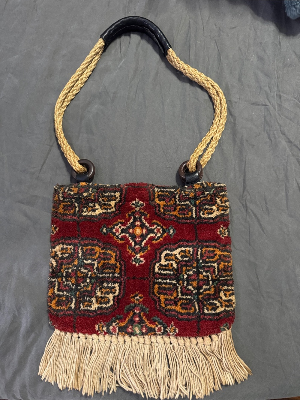 Vintage Red Patterned Fringe Shoulder Bag with Braided Handle